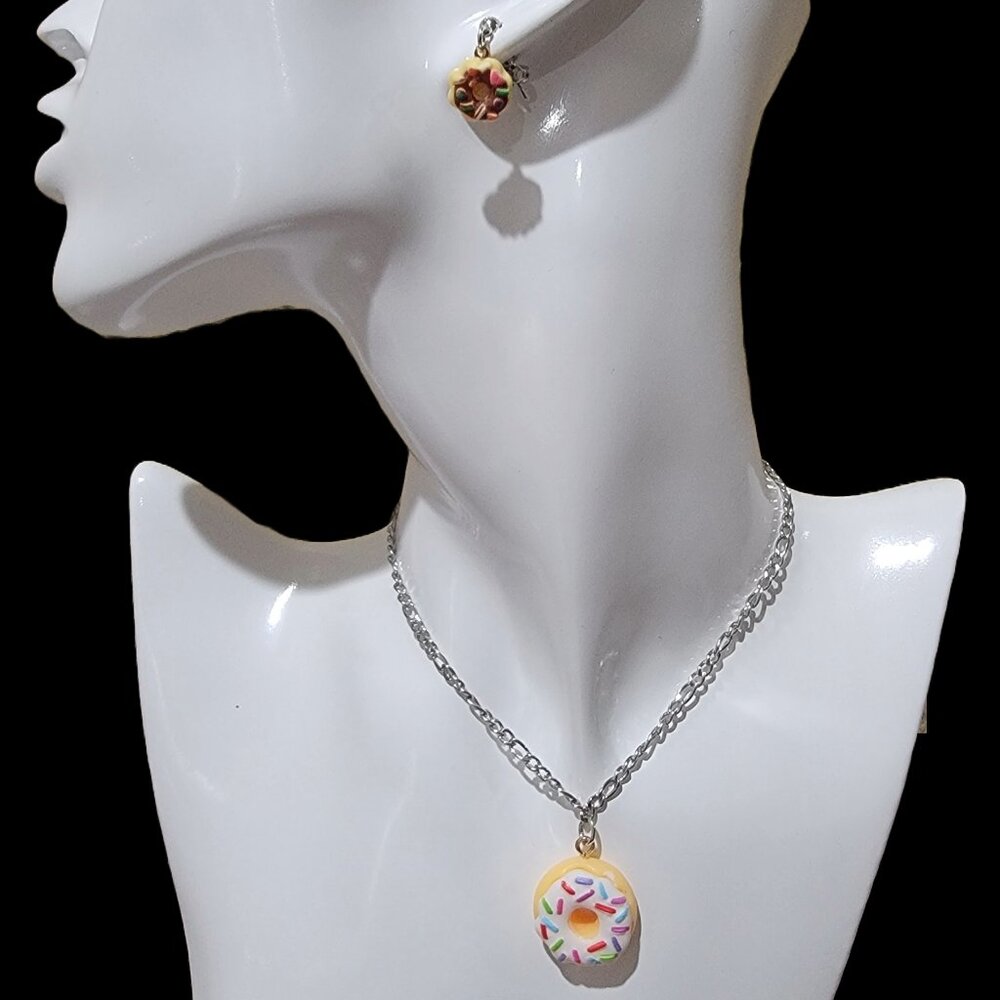 Donut Charm Necklace and Chocolate Donut Earring Set - Multicolor